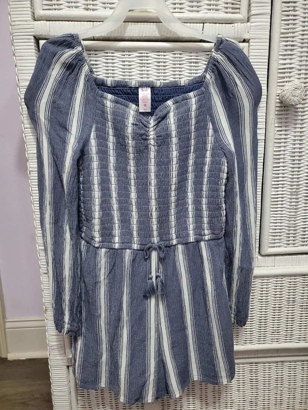 Justice Navy and White Striped Smocked Romper